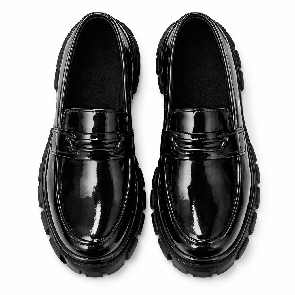 Glossy Black Chunky Sole Slip On Loafers